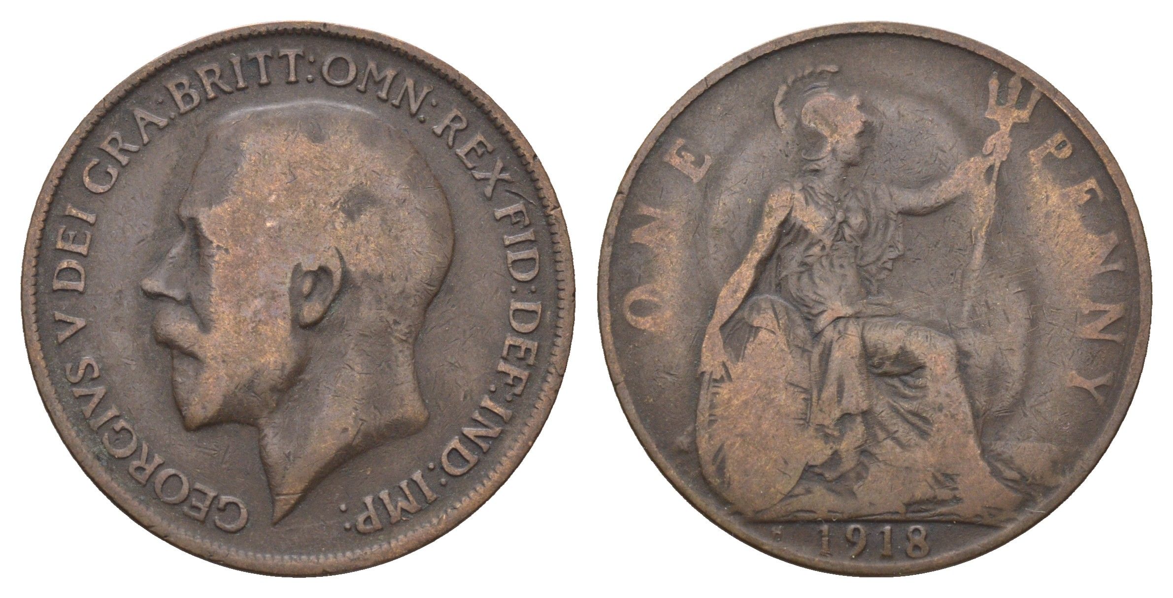 Великобритания 1 пенни 1918 H, Георг V (1910-1936) KM 810, Spink 4052 бронза 4661-613