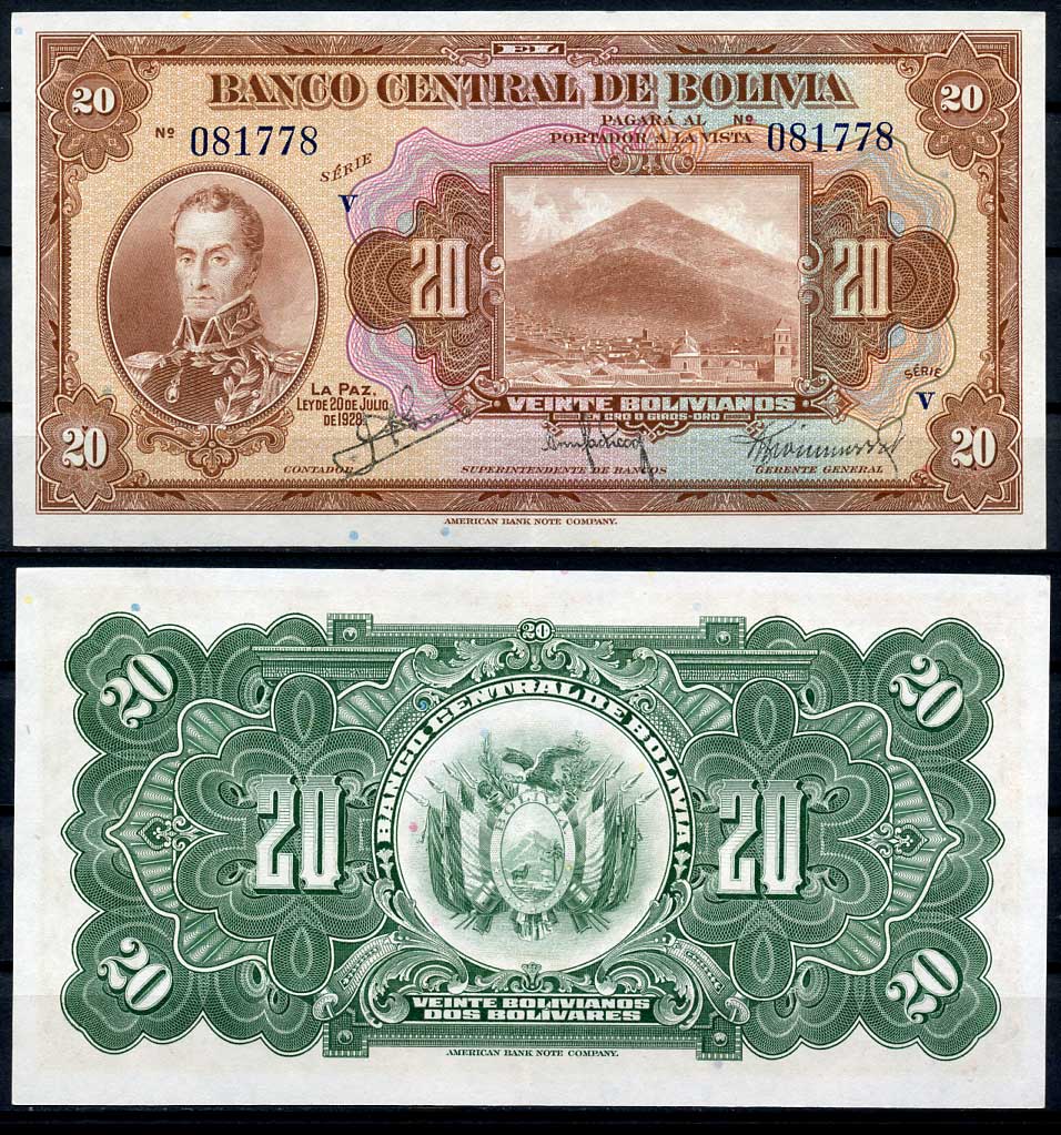 Боливия 20 боливиано 1928 серия V, Симон Боливар Pick 122 a (4)  бумага  aUNC 7217-100-1-2