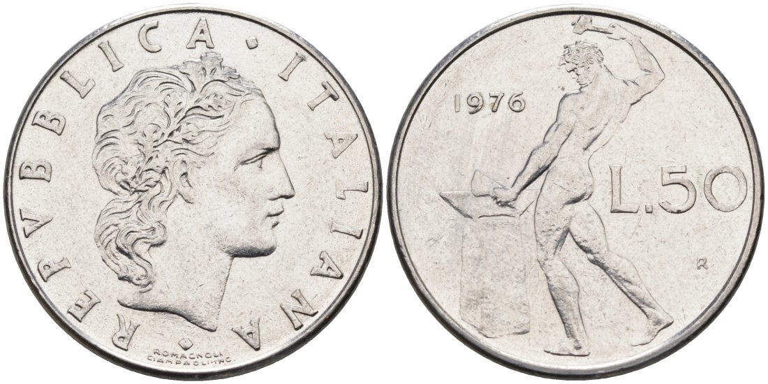 ИТАЛИЯ 50 ЛИР 1976 R, БОГ ОГНЯ ВУЛКАН У НАКОВАЛЬНИ КМ 95.1 нержавеющая сталь 4573-222
