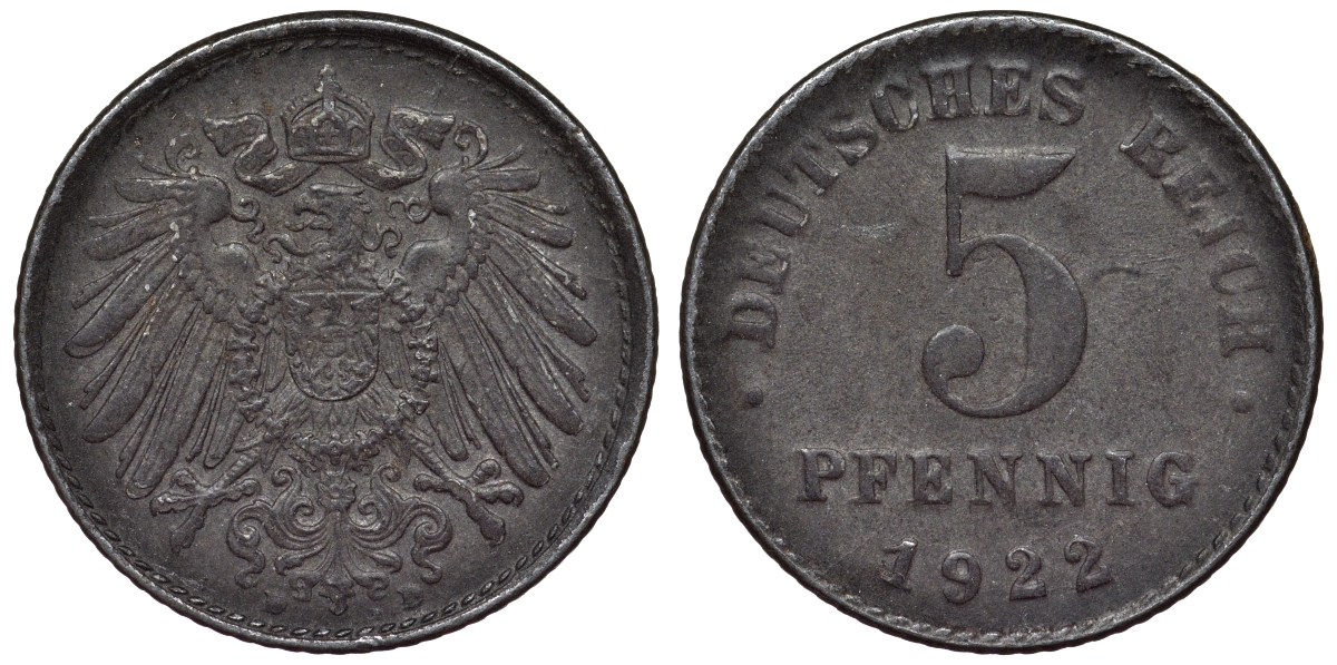 Германия 5 пфеннигов 1922 D KM 19, J. 297, Weege 5 железо 4118-1141