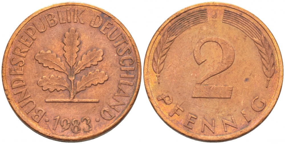 ФРГ 2 ПФЕННИГА 1983 J KM 106a, J.381a сталь плакированная сталь плакированная медьюю 4396-1615