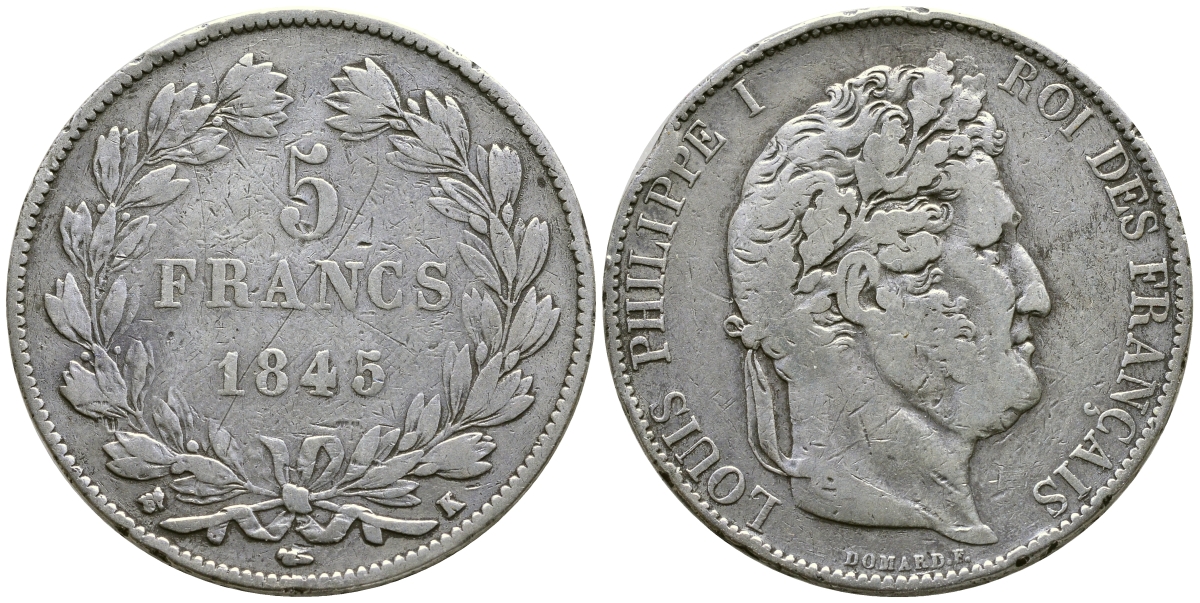 Франция 5 франков 1845 K, Луи Филипп I (1830-1848) KM 749.7 серебро 1066-6-31