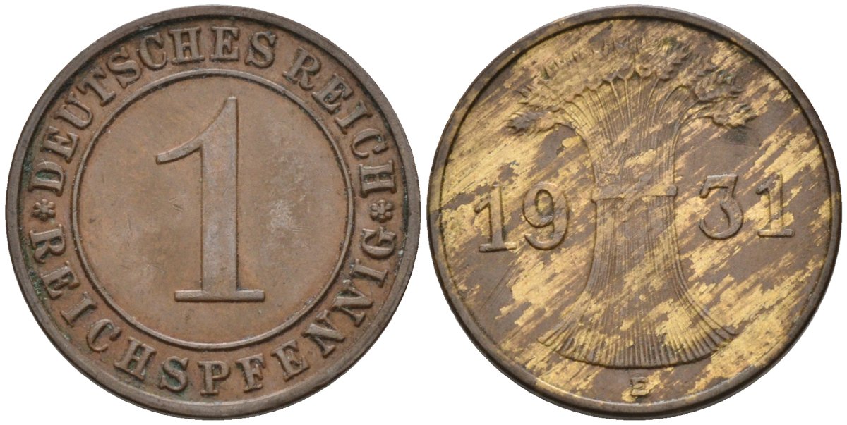 Германия 1 рейхспфенниг 1931 E KM 37, J.313, Weege 2 медь 4585-622