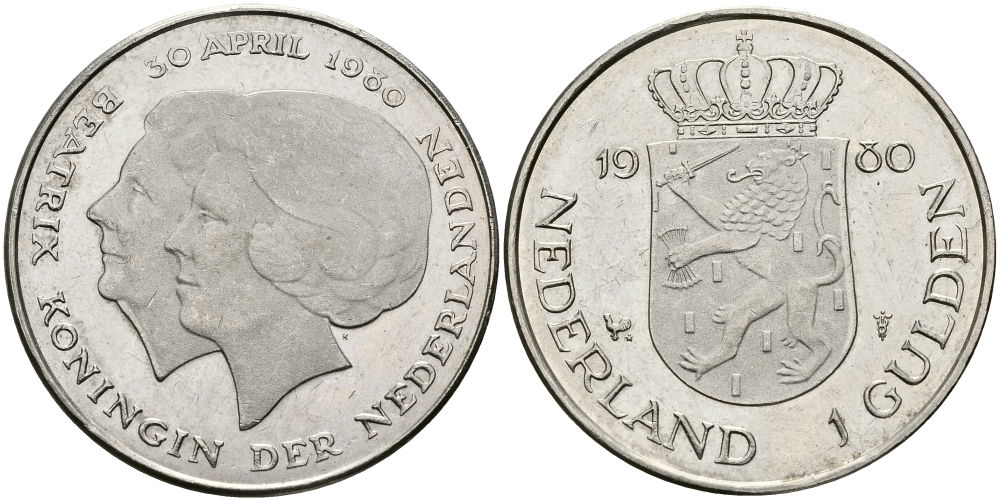 Нидерланды 1 гульден 1980 на коронацию Беатрикс, 30 апреля 1980 KM 200 никель 94-657