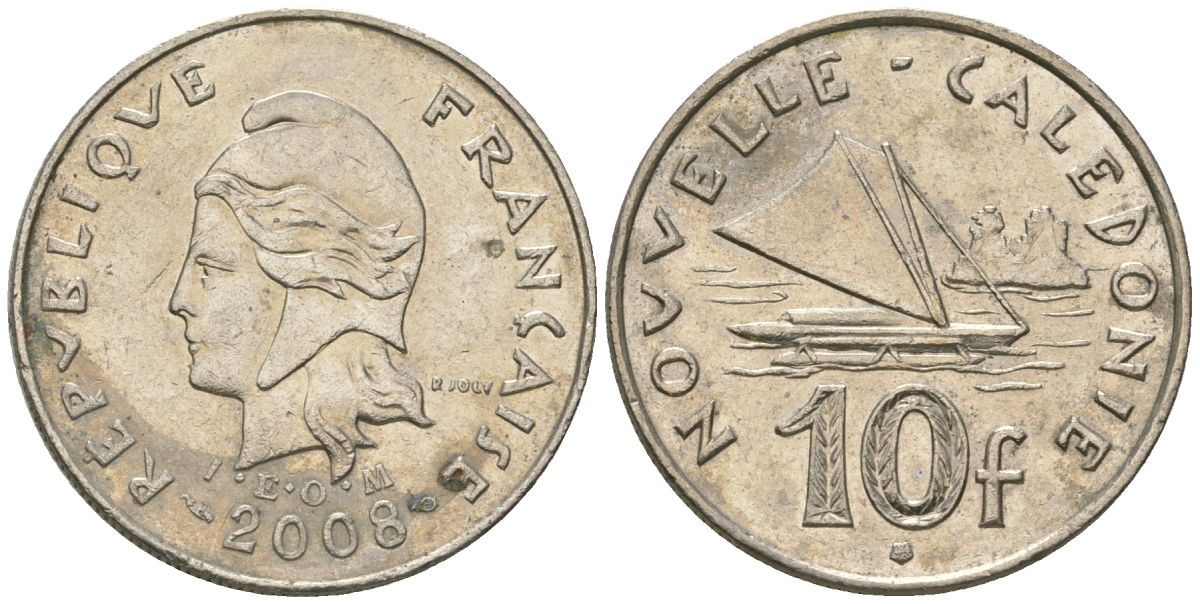 Французская Новая Каледония 10 франков 2008 рыбачья парусная лодка, (IEOM) KM 11a, Schoen 13a, Lec 99k медно-никель 60-757