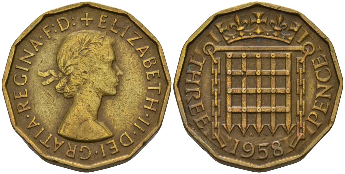 Великобритания 3 пенса 1958 Елизавета II (1952-2022) KM 900, Spink 4153 никель латунь 4153-736