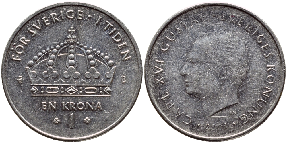 Швеция 1 крона 2001 Карл XVI Густав (1973- ) KM 894 медно-никель 4364-545