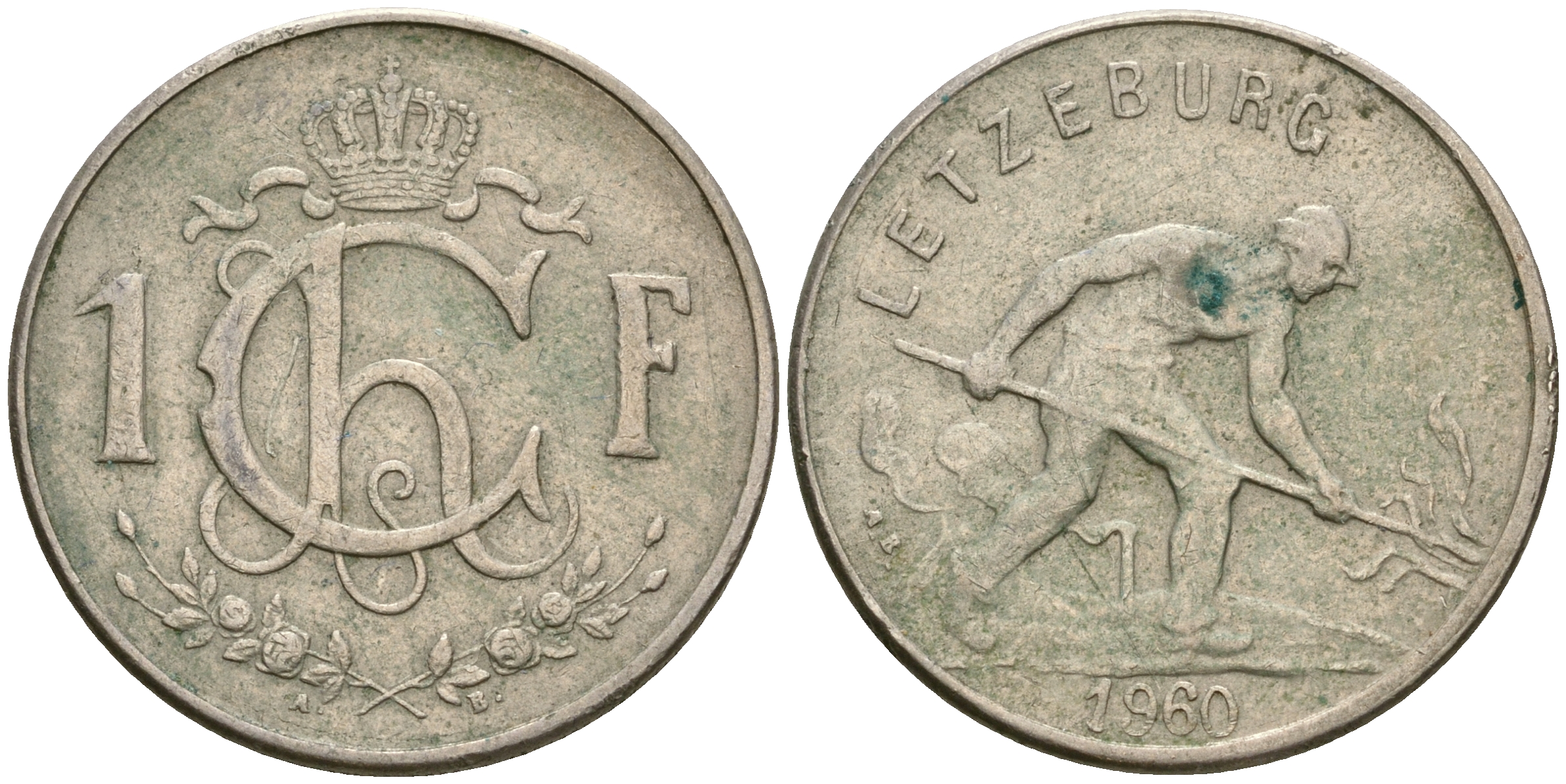 Люксембург 1 франк 1960 сталевар KM 46.2 медно-никель 4364-1841