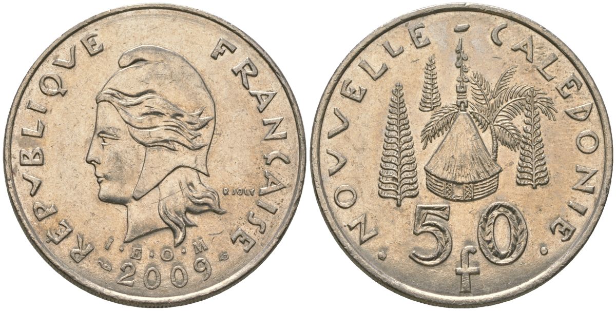 Французская Новая Каледония 50 франков 2009 хижина среди сосен и пальм, (IEOM) KM 13a, Schoen 15a, Lec 128i медно-никель 115-943