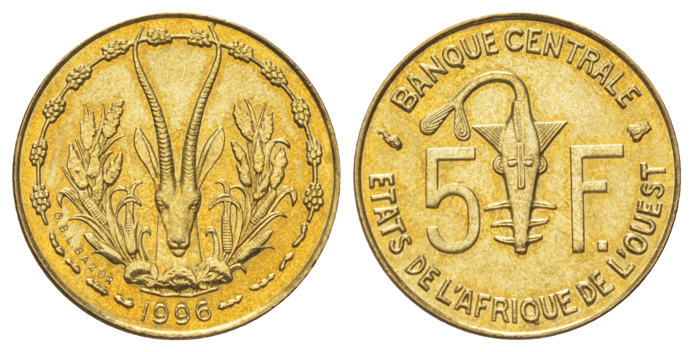 Западная Африка (BCEAO) 5 франков 1996 KM 2a медь алюминий никель UNC 4617-422