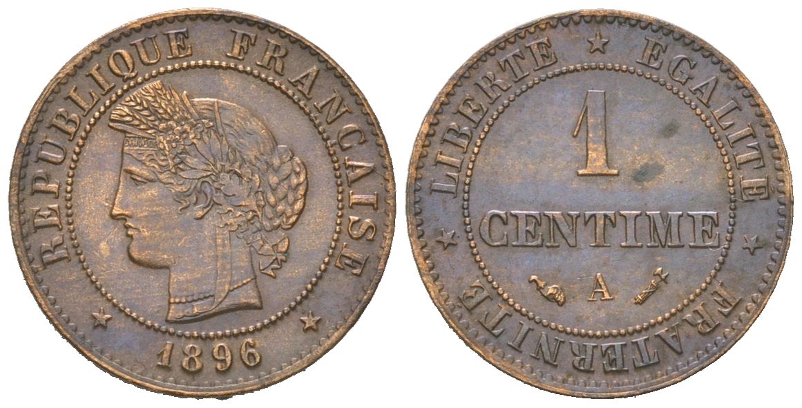 Франция 1 сантим 1896 A KM 826.1 бронза aUNC 4617-728