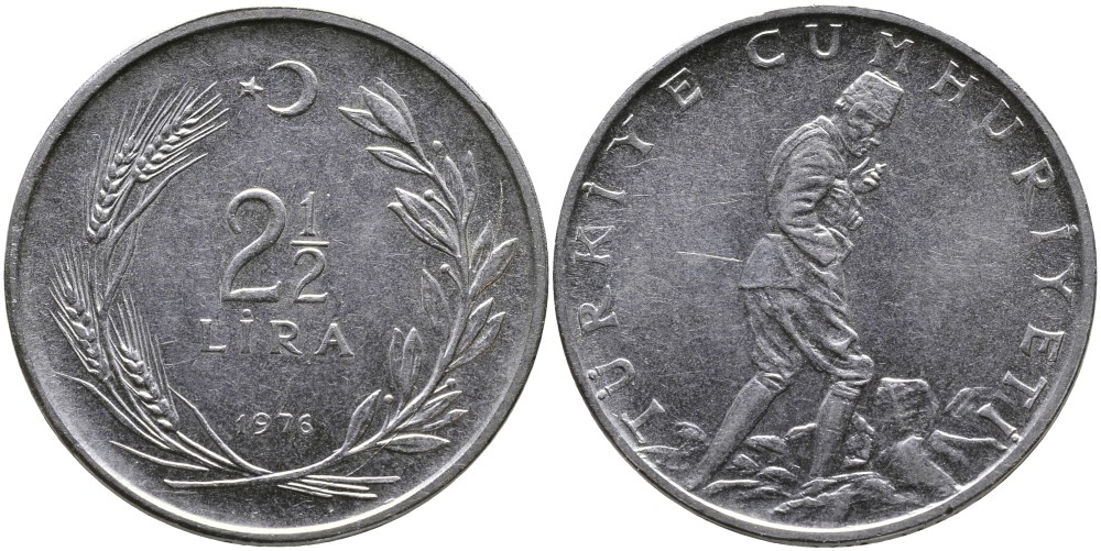 ТУРЦИЯ 2 1/2 ЛИРЫ 1976 KM 893.2 нержавеющая сталь 29-646