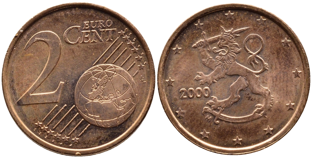 ФИНЛЯНДИЯ 2 ЕВРОЦЕНТА 2000 KM 99 сталь плакированная медью UNC 4387-1256