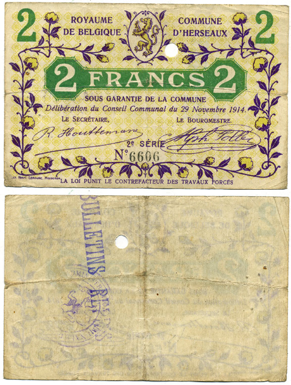 БЕЛЬГИЯ 2 ФРАНКА 1914 НОТГЕЛЬД, ВТОРАЯ СЕРИЯ, КОММУНА ГОРОДА ЭРСО бумага 7523-38-3-2