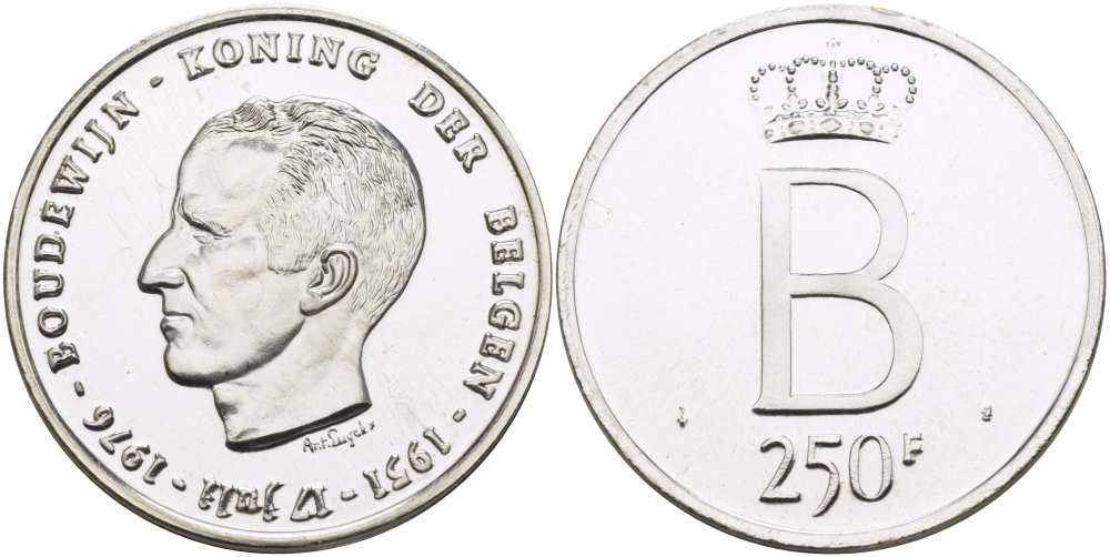 Бельгия 250 франков 1976 25 лет правления Бодуэна I,  der Belgen KM 158.2 серебро PROOFLIKE 11-203-13