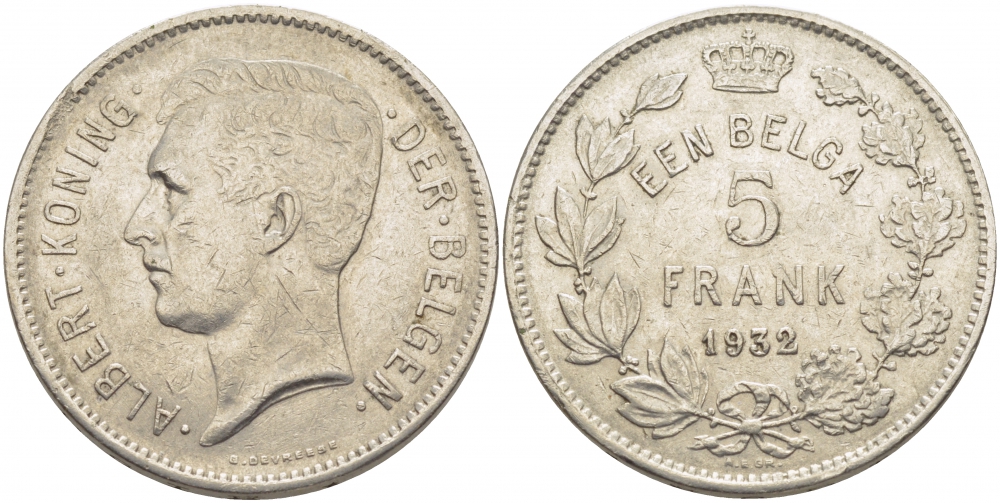 БЕЛЬГИЯ 5 ФРАНКОВ 1932 BELGEN KM 98 никель 114-835