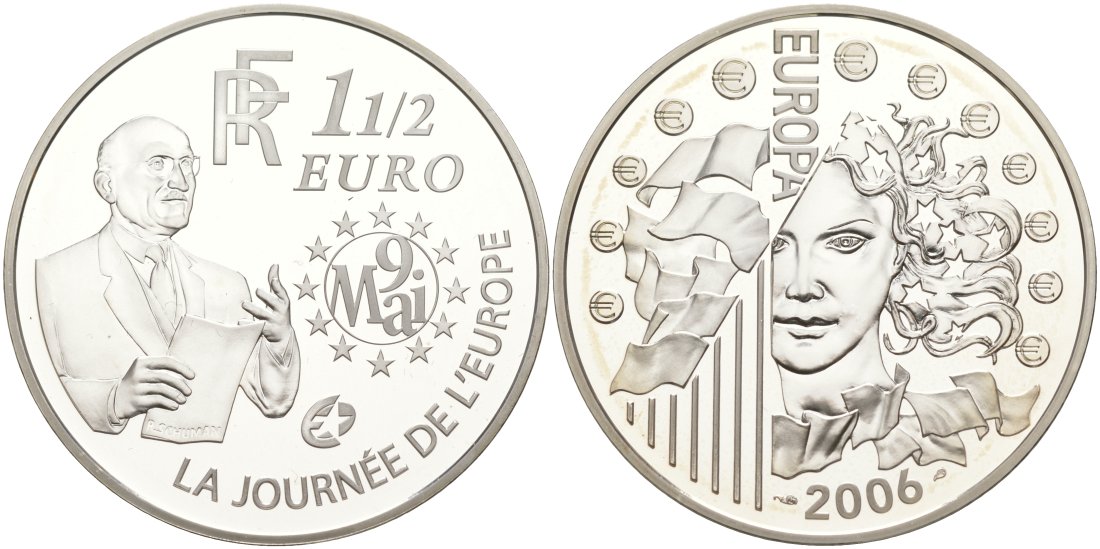 Франция 1 1/2 евро 2006 Декларация Шумана, день Европы 9 мая 1950 года KM 2037 серебро PROOF 01-345-43