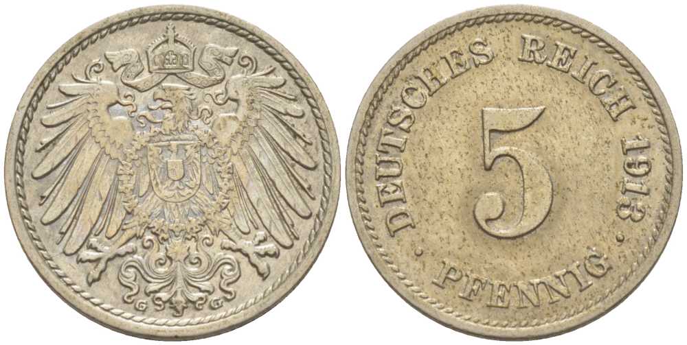 ГЕРМАНИЯ 5 ПФЕННИГОВ 1913 G KM 11, J. 12, Weege 6 медно-никель 206-1023