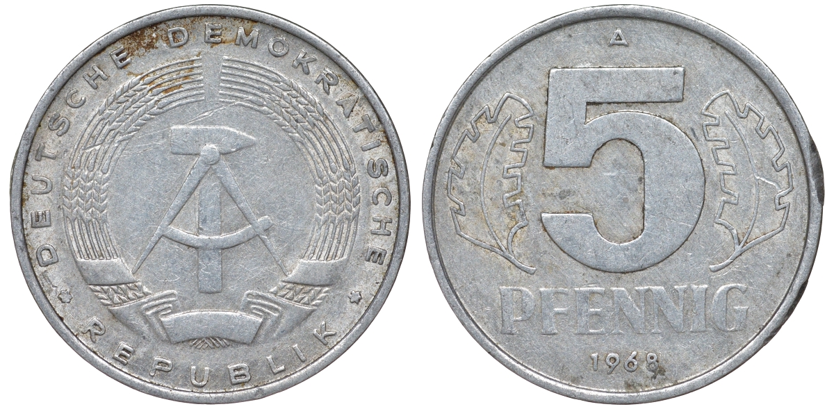 ГДР 5 ПФЕННИГОВ 1968 A KM 9.1 алюминий 62-155