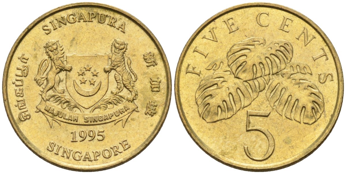 Сингапур 5 центов 1995 KM 99 алюминиевая бронза 4580-128