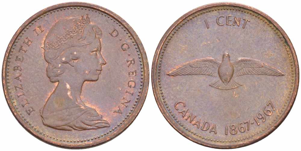КАНАДА 1 ЦЕНТ 1967 100 ЛЕТ КОНФЕДЕРАЦИИ, ЕЛИЗАВЕТА II KM 65 бронза 105-535