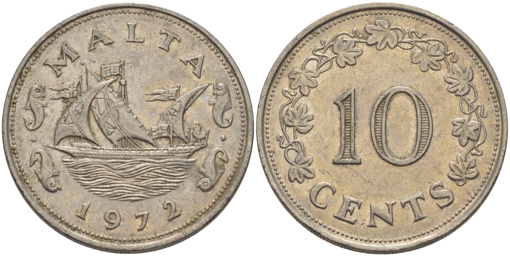 Мальта 10 центов 1972 баржа Великого магистра KM 11 медно-никель 82-314