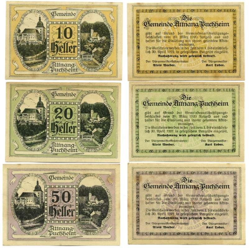 Австрия, Атнанг-Пуххайм набор из 3 банкнот 10, 20, 50 геллеров 1920 20 марта 1920 - 30 апреля 1921, нотгельд, земля Верхняя Австрия   бумага  UNC (пресс) 7555-23-1-1