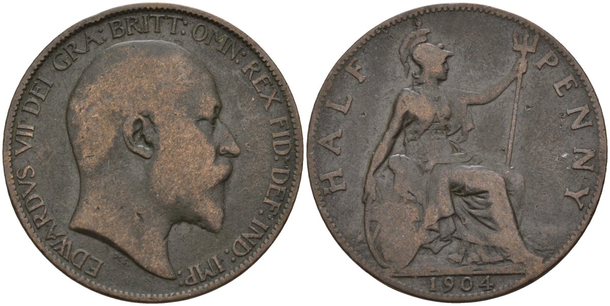 Великобритания 1/2 пенни 1904 Эдуард VII (1901-1910) KM 793.2, Spink 3991 бронза 4143-641