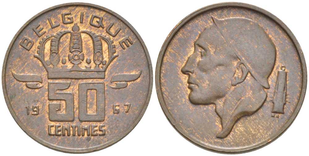 БЕЛЬГИЯ 50 САНТИМОВ 1967 BELGIQUE, БОДУЭН I (1951-1993) KM 148.1 бронза 206-211