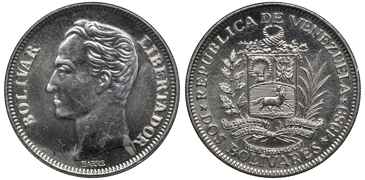 Венесуэла 2 боливара 1989 Симон Боливар KM 43a никелированная сталь UNC 4579-733