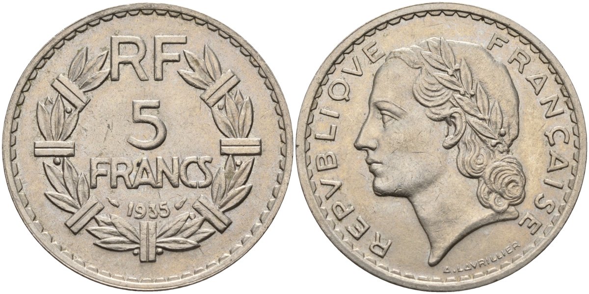 Франция 5 франков 1935 KM 888 никель 4144-424