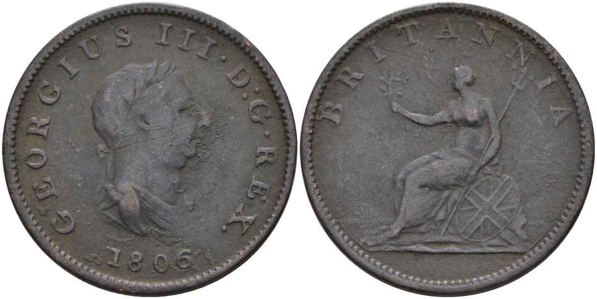 Великобритания 1/2 пенни 1806 Георг III (1760-1820) KM 662, Spink 3781 медь 81-1112