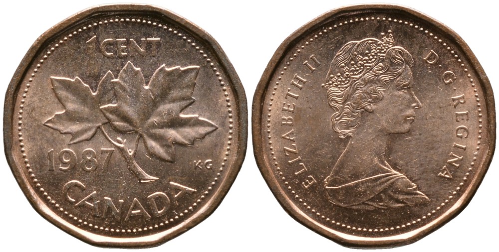 Канада 1 цент 1987 Елизавета II (1952-2022), кленовый лист KM 132 бронза 4528-757