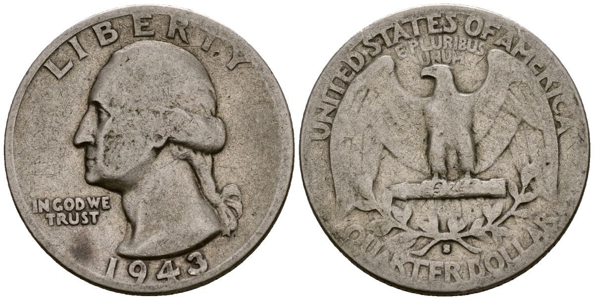 США 25 центов = квотер 1943 Вашингтон, S KM 164 серебро 4177-715