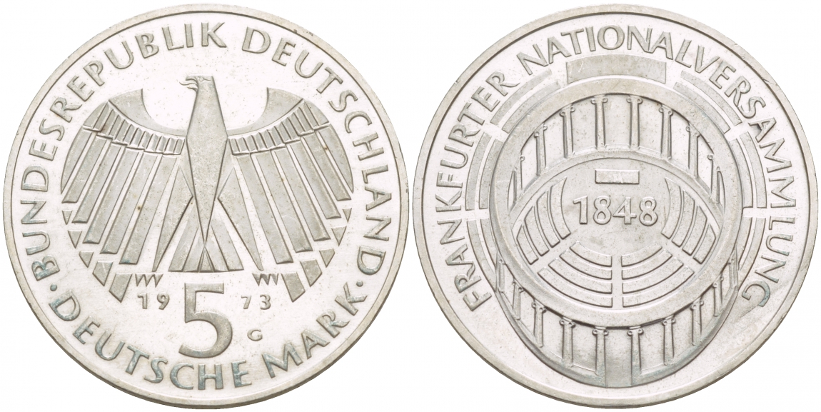 ФРГ 5 МАРОК 1973 G, 125 ЛЕТ ФРАНКФУРТСКОМУ ПАРЛАМЕНТУ KM 137, J. 412 серебро UNC 4545-1125