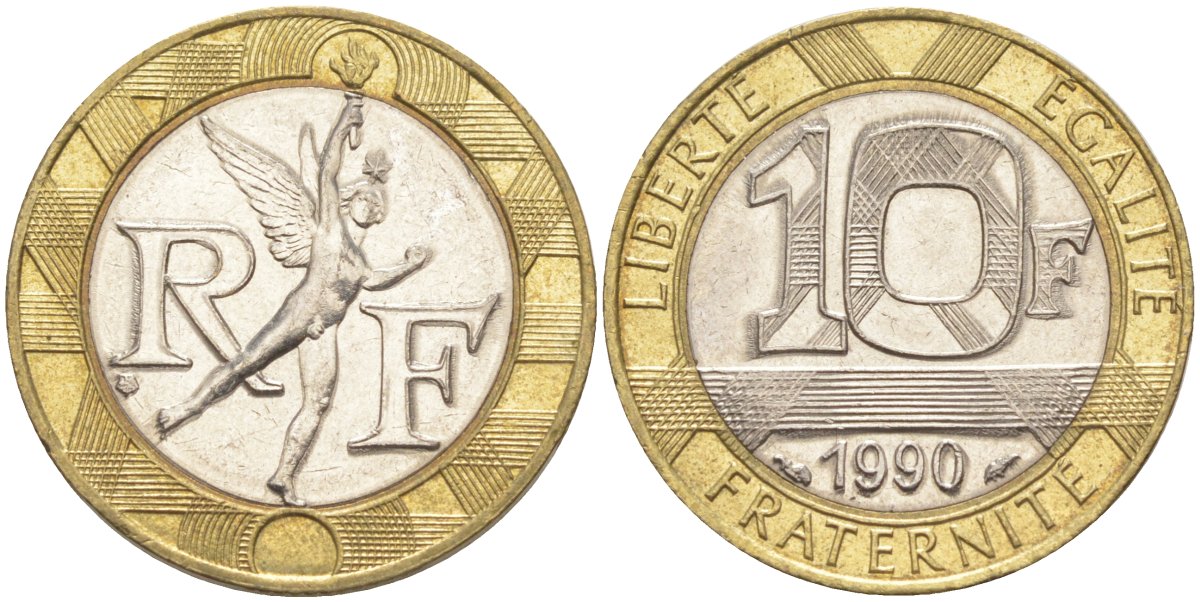 Франция 10 франков 1990 тип Гений Бастилии KM 964.1, Le Frank 375.5 биметалл 4519-237