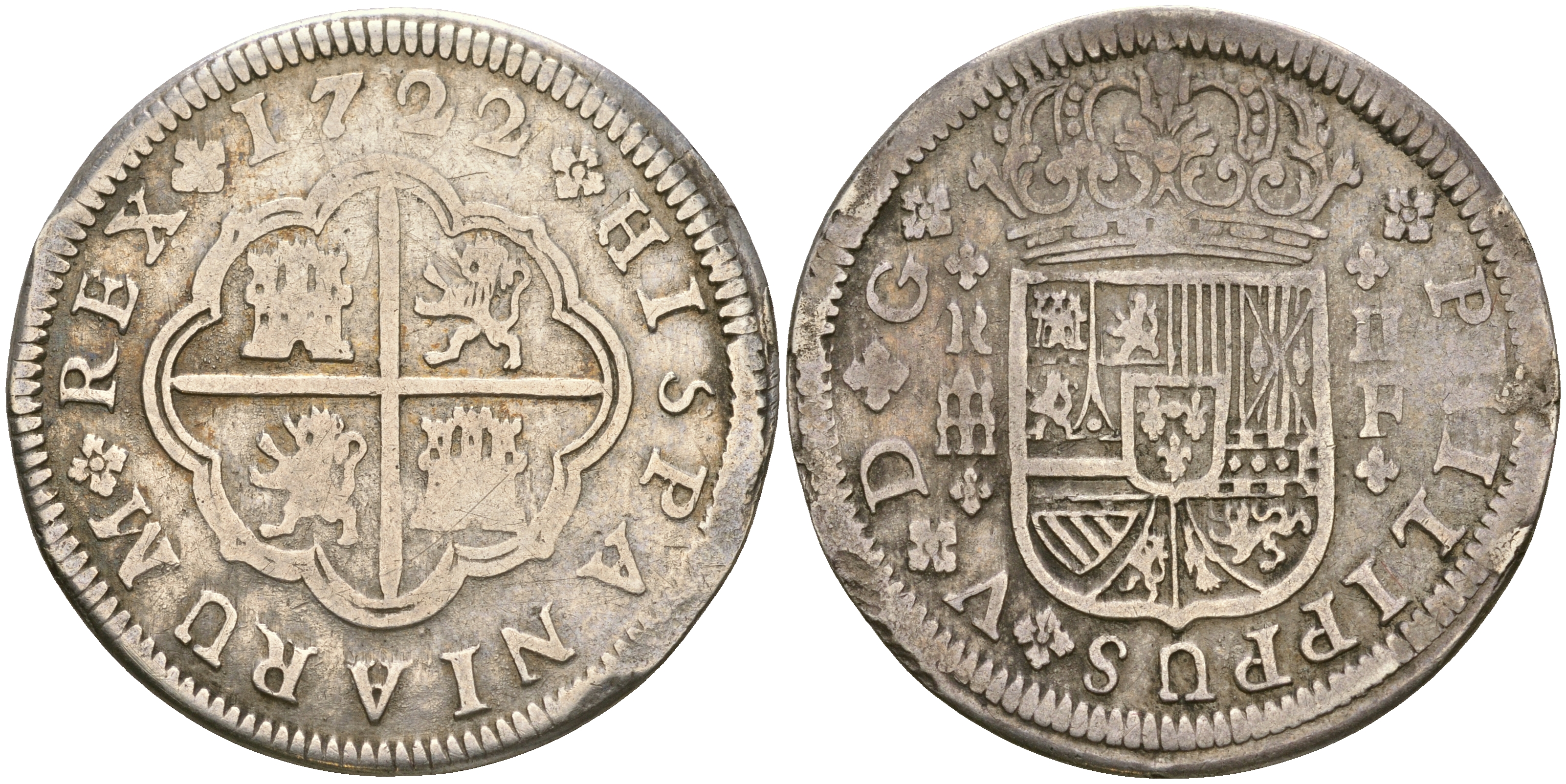 Испания 2 реала 1722 Филипп V (1700-1746) KM 297, Cal. 956 серебро 06-256-44