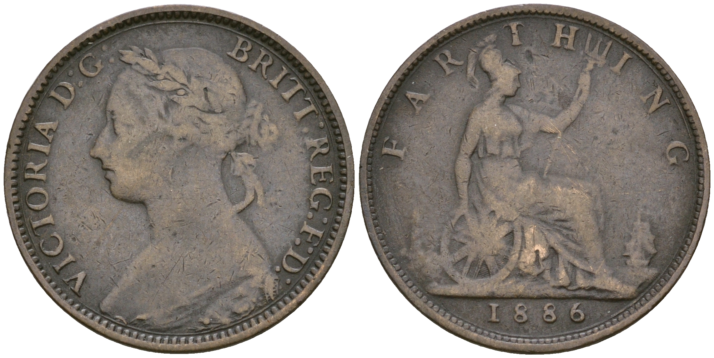 Великобритания 1 фартинг 1886 Виктория (1837-1901) KM 753, Spink 3958 бронза 4364-3658