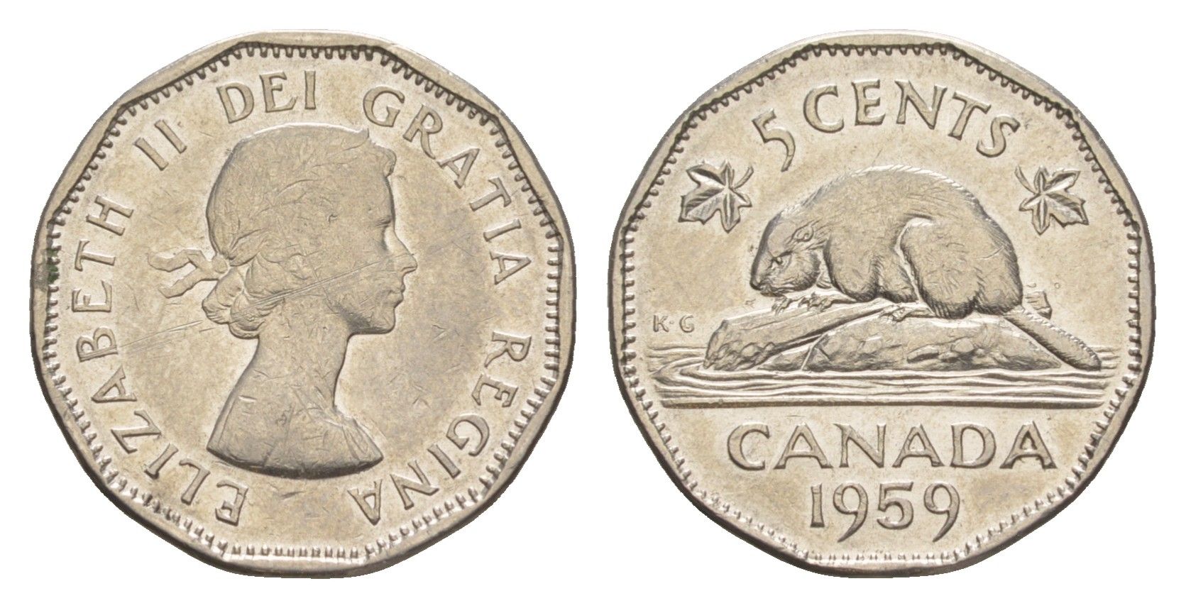 Канада 5 центов 1959 Елизавета II (1952-2022), бобр KM 50a никель 4636-561