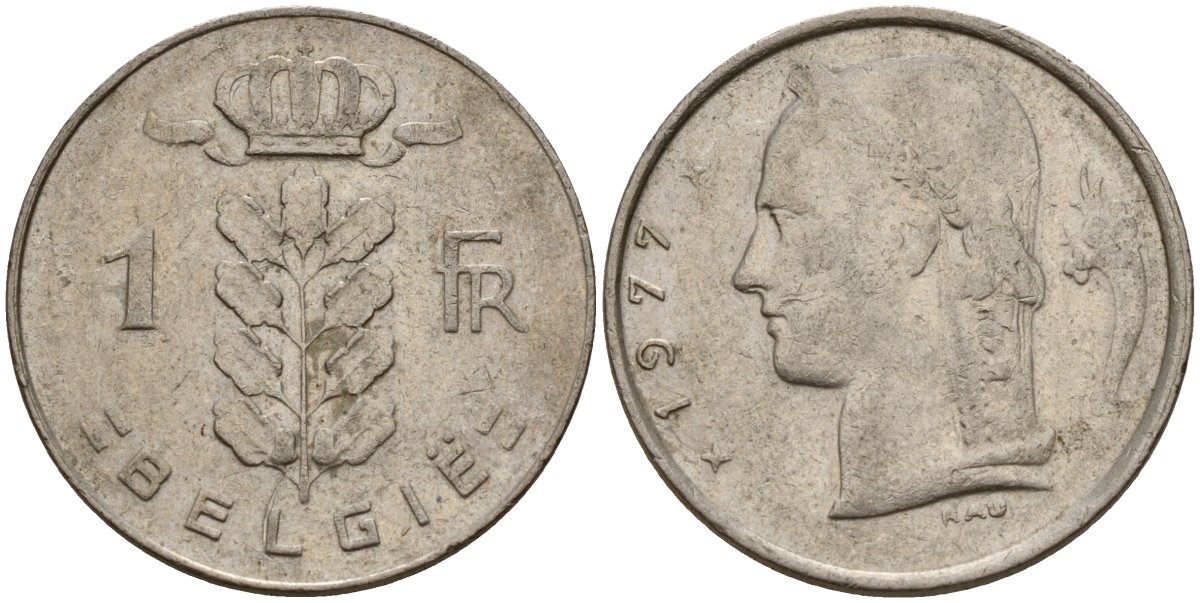 Бельгия 1 франк 1977 Belgie, Бодуэн I (1951-1993) KM 143 медно-никель 4156-634