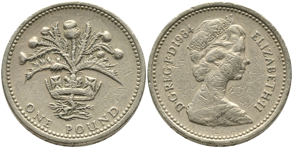 Великобритания 1 фунт 1984 Елизавета II (1952-2022) KM 934, Spink 4222 никель латунь 65-1015