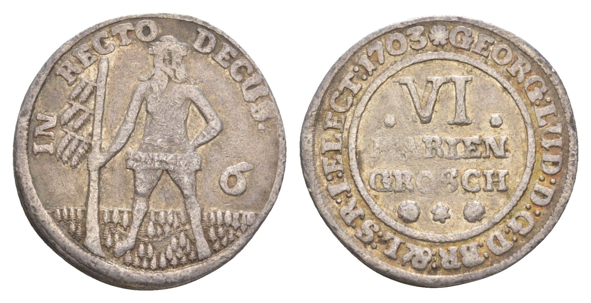 Брауншвейг-Каленберг-Ганновер 6 мариенгрошей 1703 дикарь, Георг I (1698-1727), из коллекции Ричарда Б. Смита KM 11, Welter 2179 серебро 1525-414