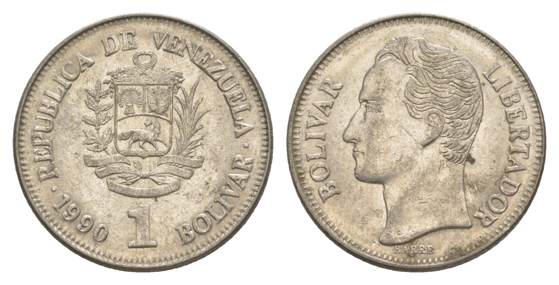 Венесуэла 1 боливар 1990 Симон Боливар, толстый шрифт Y 52a.2 сталь плакированная никелем 4591-527