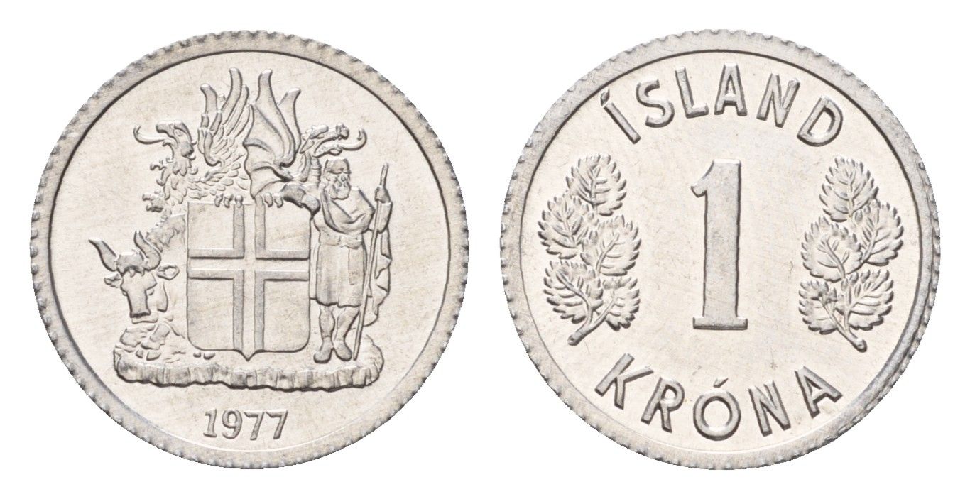 Исландия 1 крона 1977 KM 23 алюминий UNC 4687-811