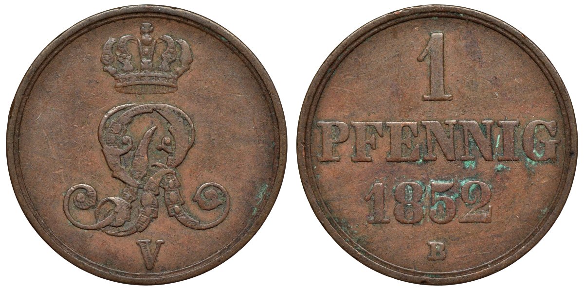 Ганновер 1 пфенниг 1852 B, Георг V, год тип KM 216, AKS 154, J. 82 медь 4594-532