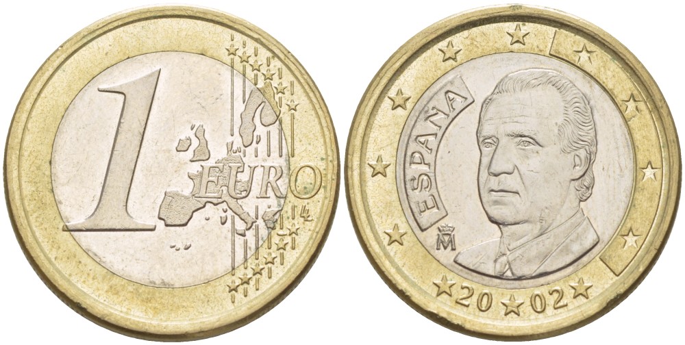 ИСПАНИЯ 1 ЕВРО 2002 ХУАН КАРЛОС I KM 1046 биметалл 4543-255