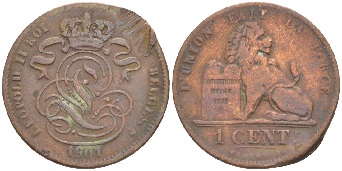 БЕЛЬГИЯ 1 САНТИМ 1901 FR KM 33.1 медь 44-941