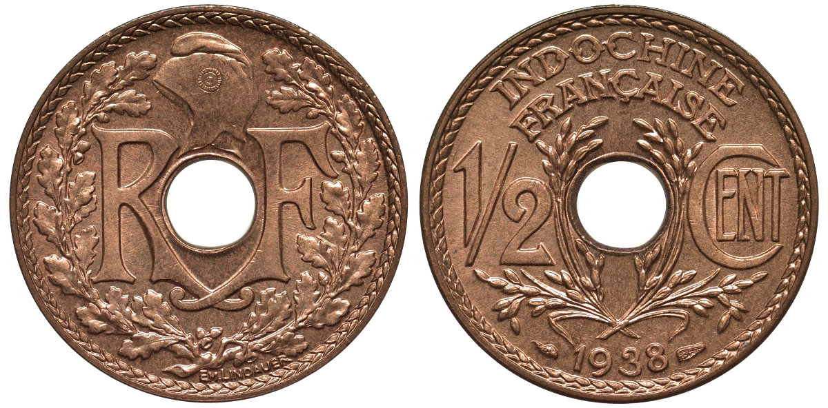 Французский Индокитай 1/2 цента 1938 а KM 20 бронза UNC 4556-112
