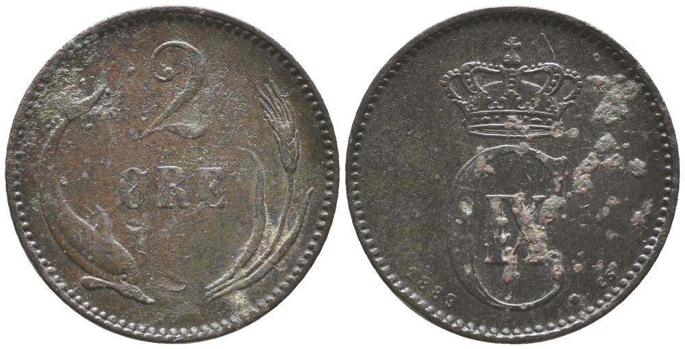 ДАНИЯ 2 ЭРЕ 1889 КРИСТИАН IX (1863-1906) KM 793.1 бронза 34-454