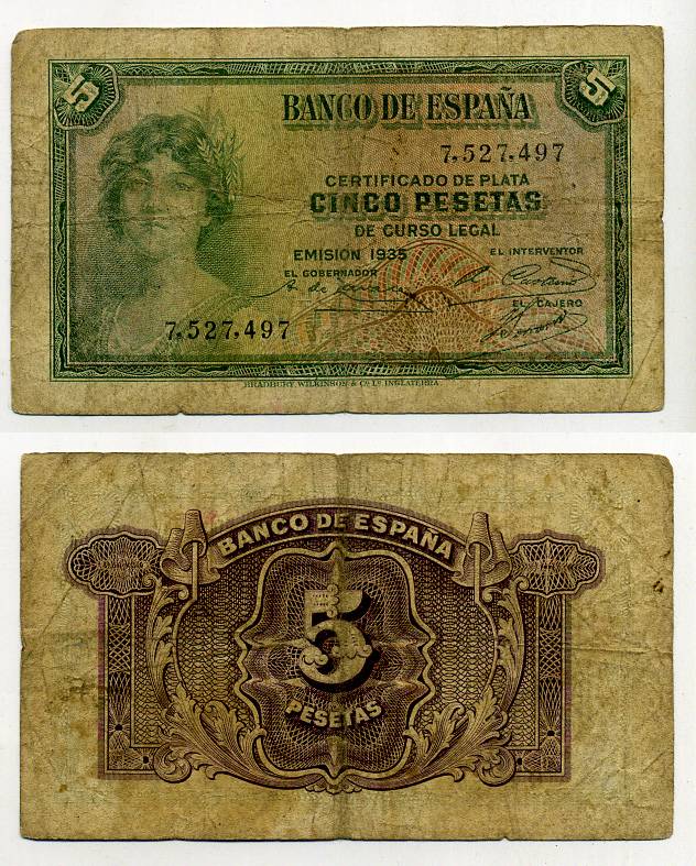 ИСПАНИЯ 5 ПЕСЕТ 1935 (1936) Pick 85a бумага 7214-1-1-2